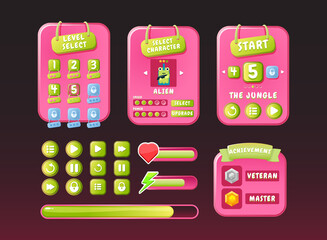 Wall Mural - game ui funny nature pink casual kit menu pop up interface with icon and progress bar