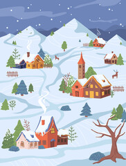 Wall Mural - New Year Christmas rural village scenery, cottages and trees in snow, flat cartoon design. Vector mountains and starry sky, houses with garlands, fence, pathways and reindeer, countryside background