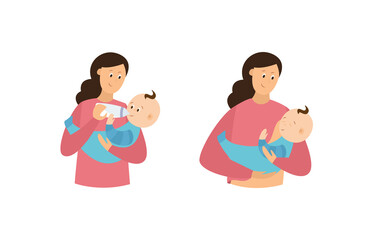 Wall Mural - Mother feeds and rocks her baby, flat vector illustration isolated on white.