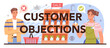 Customer objections typographic header. Marketing campaign feedback,