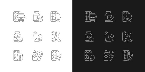 Sticker - Pharmaceutical drugs linear icons set for dark and light mode. Treat motion sickness. Lozenges for sore throat. Customizable thin line symbols. Isolated vector outline illustrations. Editable stroke