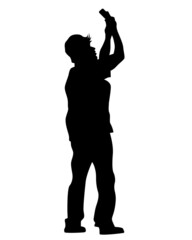 Wall Mural - Young woman holds a smartphone in her hand. Isolated silhouettes of people on a white background