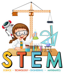 Wall Mural - Scientist girl cartoon character with STEM education logo