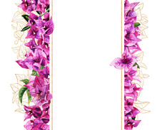 Frame With Watercolor And Golden Bougainvillea Flowers