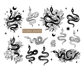 Wall Mural - floral boho snake isolated cliparts bundle, celestial reptile with sun and moon symbol, mystical spa