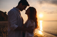Side View Silhouette Happy Young Couple Two Friends Family Man Woman 20s In White Clothes Hug Going To Kiss Other Together At Sunrise Over Sea Beach Ocean Outdoor Seaside In Summer Day Sunset Evening