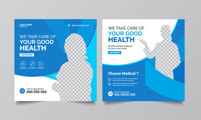 Wall Mural - Modern Medical promotion square web banner for social media post template. Elegant Healthcare promo backgrounds.
