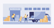 © yellow_man - Large warehouse with transport vehicles big truck. vector illustration