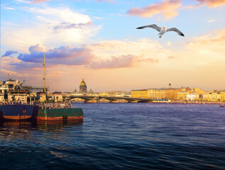  View river, panorama of the summer sunset St. Petersburg. Russia. Blagoveshchensky Bridge, Neva River, English Embankment, Sphinxes of the Academy of Arts, Vasilievsky Island.