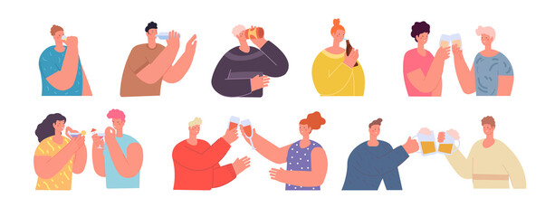 Wall Mural - Friends clinking glasses. People holding drink, cheers beer or wine glass. Drinking party, flat teens celebrate birthday utter vector characters