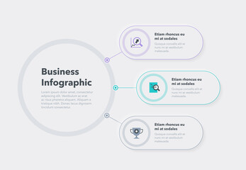 Fototapete - Simple concept for business diagram with three colourful steps and place for your description. Flat infographic design template for website or presentation.