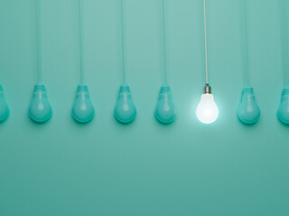Fototapete - One hanging light bulb glowing from others bulbs on blue background for outstanding ,different creative thinking idea and innovation concept by 3d render.