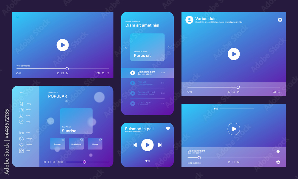 Audio player ui. Video media ux interface template app icons garish vector web design illustrations collection set - obrazy, fototapety, plakaty 