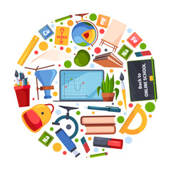 Poster - school symbols. circle shape with education icons books computers backpack digital gadgets pencil ap