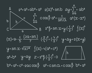 Wall Mural - Math formula. Scientific symbols mathematics infographic graphs numbers and scheme for geometry equations garish vector letters collection