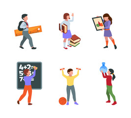 Sticker - Back to school characters. Students and pupils school kids with accessories backpack pencils notebooks since symbols garish vector people in flat style