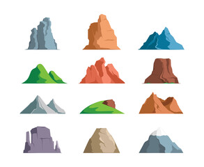 Wall Mural - Mountains. Outdoor symbols for tourists travellers exploring rocky mountains stones with grass iceberg garish vector cartoon illustration set