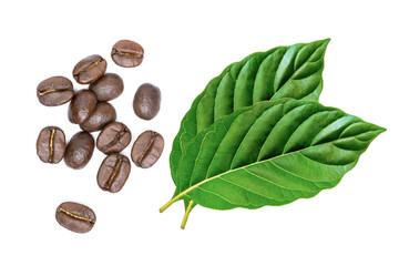 Poster - coffee beans with green leaf  isolated on white background