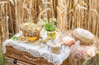 Picnic suitcase with crocheted tablecloth, white currants  in braided basket, flowers in metal cup decorated with white currants picture , straw hat with ribbon on wicker suitcase