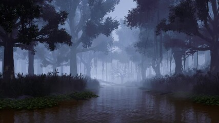 Wall Mural - spooky woodland landscape with creepy tree silhouettes on overgrown shore of calm forest river at da