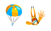 Skydiver Flying With Parachute Engaged In Extreme Sport Vector Set