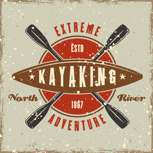 Kayak And Rays Colored Emblem, Badge, Label Or Logo Vector Illustration In Retro Style With Grunge Textures And Scratches