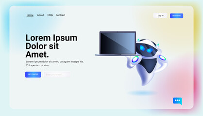 Poster - modern robot using laptop artificial intelligence technology concept full length horizontal