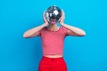 Canvas Print - Photo portrait girl covered face with disco ball at party isolated vivid blue color background