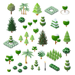 Wall Mural - Set Isometric 3d trees forest nature elements white background