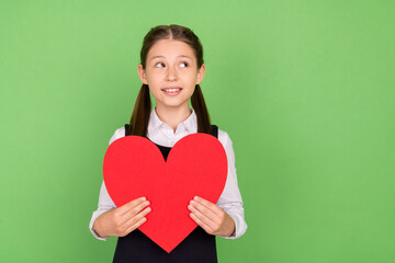 Sticker - Photo of young school girl happy positive smile hold big red paper heart dream look empty space isolated over green color background