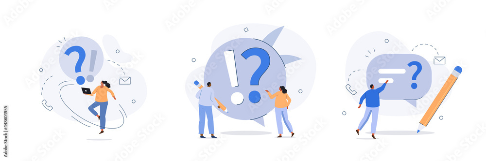 People characters standing near exclamation and question marks. Woman and man ask questions and receive answers. Frequently asked questions concept. Flat cartoon vector illustration and icons set. - obrazy, fototapety, plakaty 