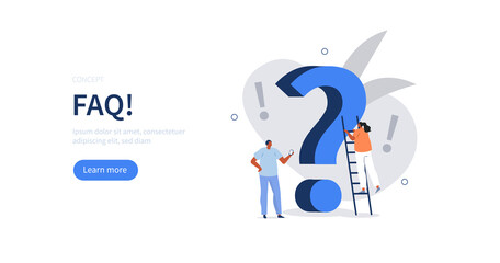 Poster - people characters standing near question marks. woman and man ask questions and receive answers. sup