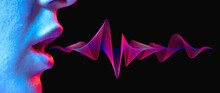 Woman Lips With Sound Wave On Black Background In Neon Light.