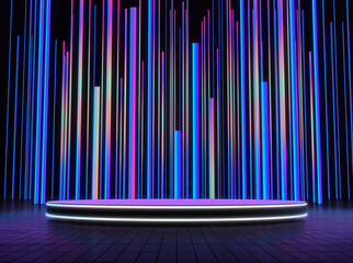 Wall Mural - Empty pedestal for product show with colorful LED light in showroom. 3d rendering.