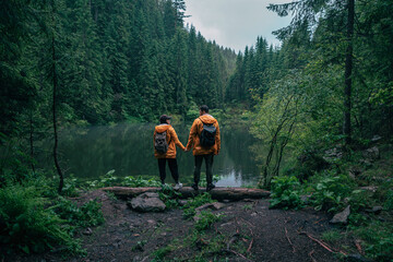 Wall Mural - couple hikers in yellow raincoat looking at mountain lake