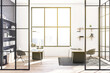 © Who is Danny - Contemporary glass office interior with panoramic city view, sunlight and large bookshelf. 3D Rendering.
