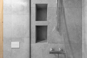 Wall Mural - Modern minimalist bathroom interior design with grey stone tiles and wood wall texture