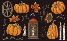 Halloween Set Of Holiday Elements For Spooky Mystery Graphic Design Of Evil Horror Party. Fear Pumkin, Candle And Lantern For Happy Witchcraft Halloween Night
