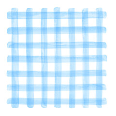 Light blue watercolor plaid illustration. Buffalo check, checked, chequered geometrical square background, watercolour stains. Hand brush drawn doodle style transparent crossing wide stripes texture.