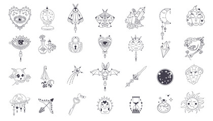 Wall Mural - icon mystic vector items, moon, hands, crystals, planets. doodle astrology style. doodle esoteric, b
