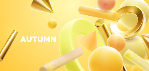 Poster - hello autumn sign on yellow background with flowing geometric shapes.