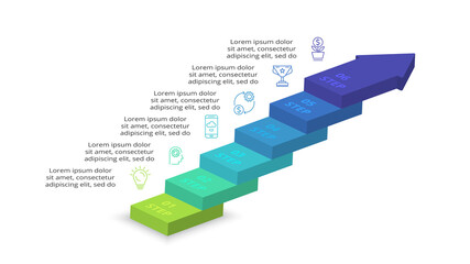 3D vector infographic pyramid, or comparison chart with 6 colorful levitating layers.