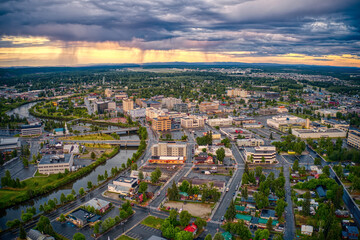 Sticker - Aerial View of Downtown Fairbanks, Alaska during a stormy Summer Sunset