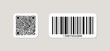 Qr code and barcode icon. Qrcode for scan. Tag for price, sku and data on product. Different logo for scanner. Square pictogram symbol for scanning application. Black binary code. Vector