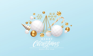 Wall Mural - Merry Christmas and Happy New Year Background. Gold and White 3d objects holidays composition. Christmas tree, Christmas decorations, snowflakes and stars. Vector illustration