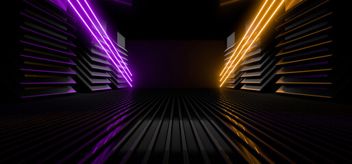 Fototapete - Sci Fy neon lamps in a dark corridor. Reflections on the floor and walls. 3d rendering image.