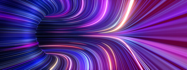 3d render, abstract panoramic background with tunnel turn. bright purple pink neon rays and lines gl