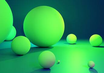Poster - Green neon background. Background with three-dimensional balls. Abstract geometric background. Abstract wallpaper. Neon texture with balloons of different sizes. Geometric pattern. 3d image.