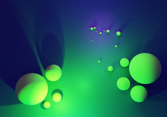 Poster - Abstract green balls. Green geometric background. Neon background 3d. Abstract geometry. Green balls glow in dark. Three-dimensional balls. Neon banner design. Modern fashion poster design 3d image