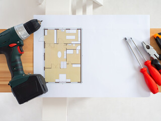 Poster - repairman personal belongings top view. screwdriver next to architectural plan. concept - renovation